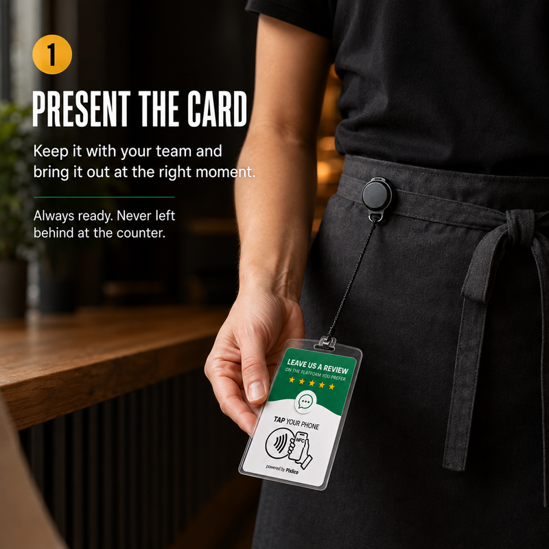 Server wearing the Pixlico card on a belt retractor, presenting it to a customer
