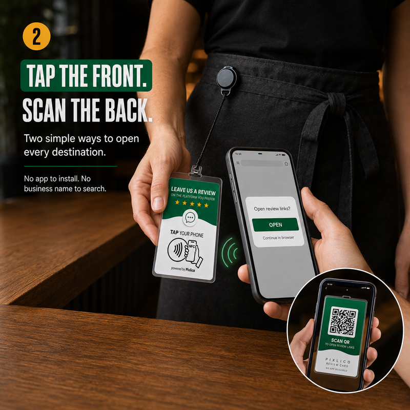 Customer tapping their phone on the card, with the QR code shown on the back