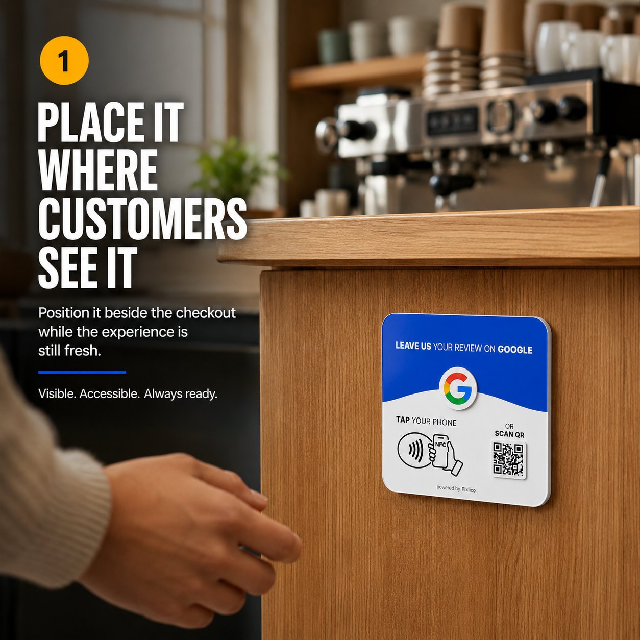 Pixlico Google review plate mounted on the front of a coffee shop counter, beside the checkout