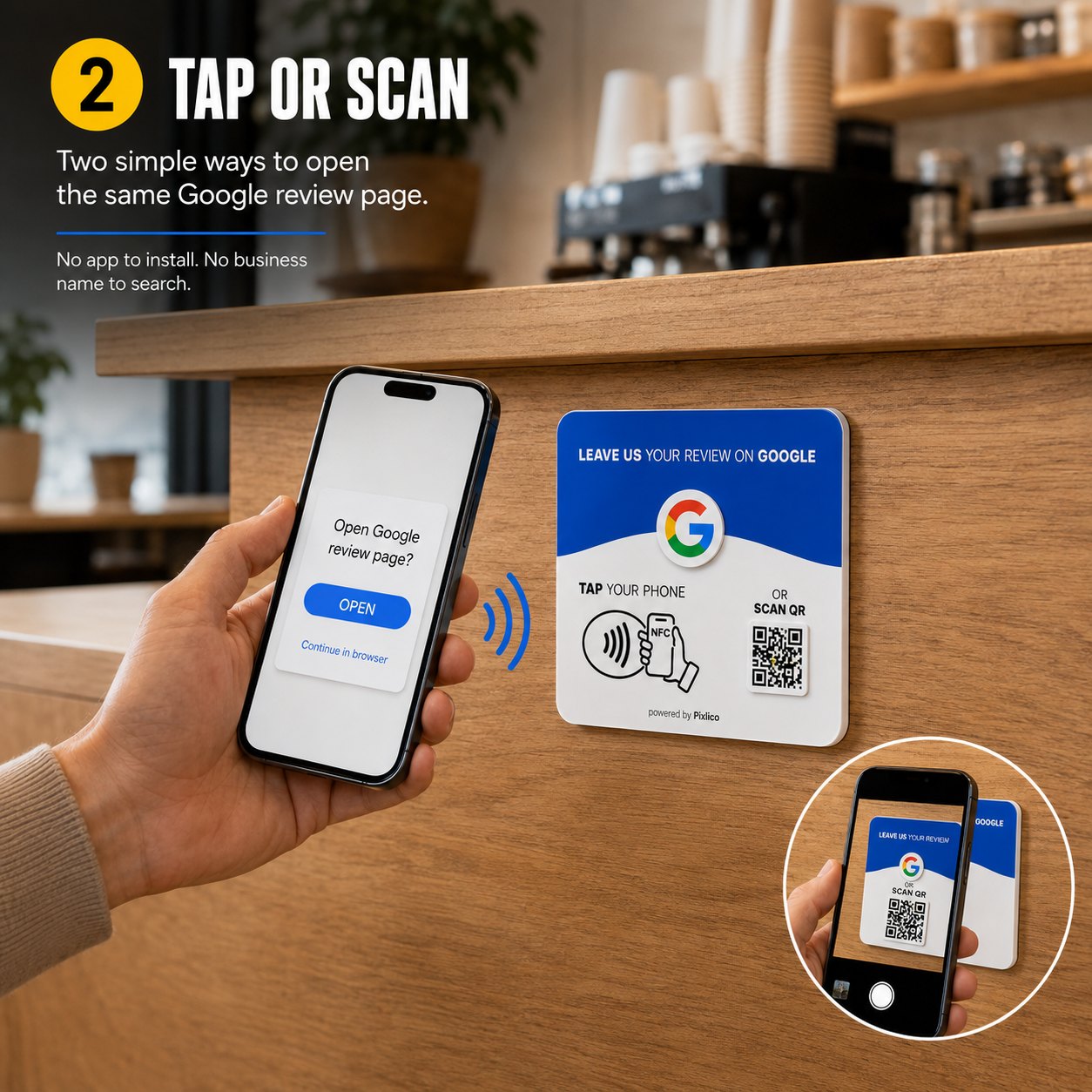 Customer holding a phone next to the plate, with the Google review page opening, and a QR scan close-up