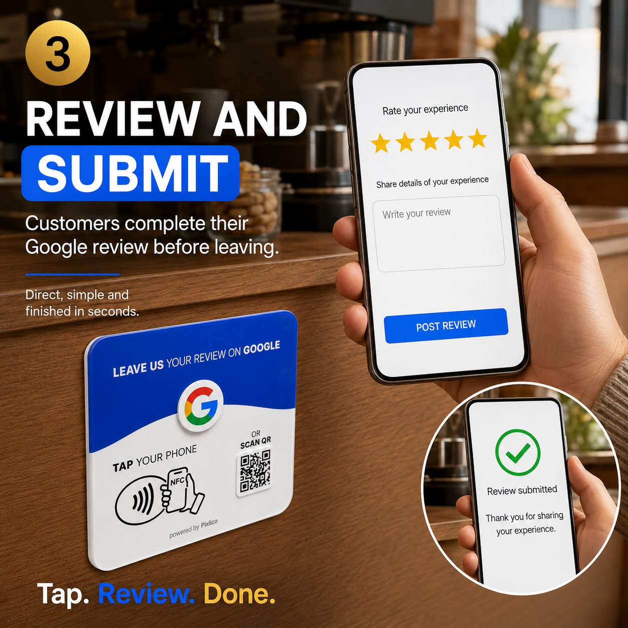 Phone showing the Google review page with a 5-star rating, next to the plate, and the review submitted confirmation