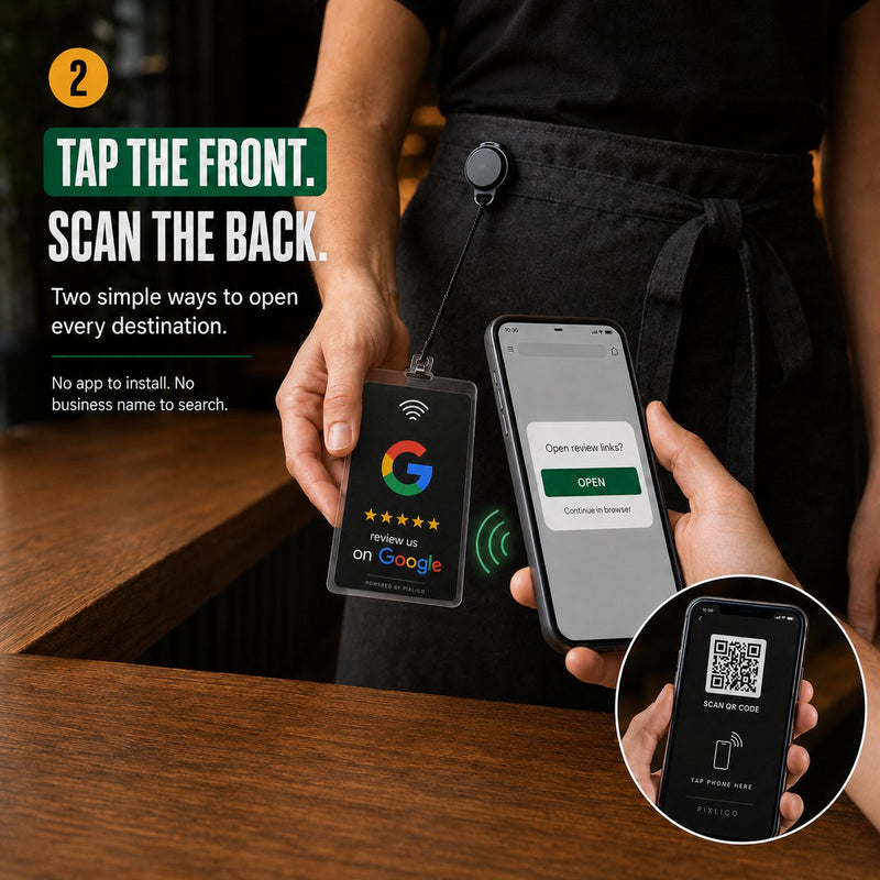 Customer tapping their phone on the front of the card, with the QR code shown on the back
