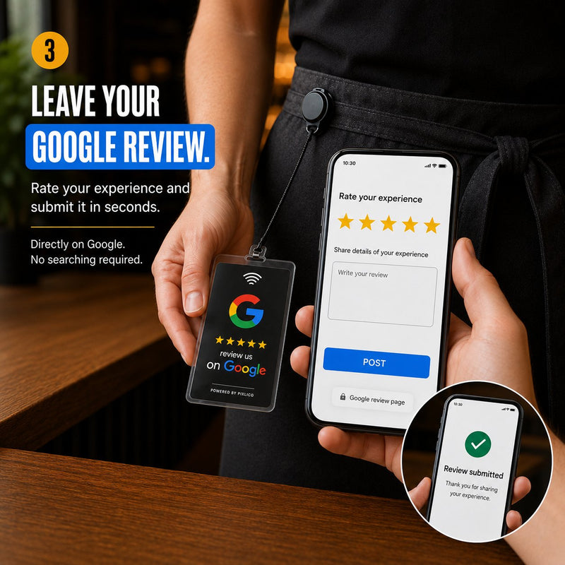 Phone showing the Google review page with a 5-star rating ready to post