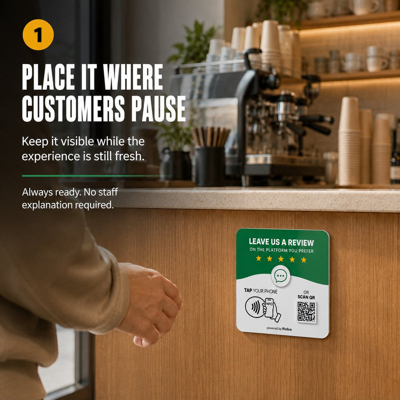 Pixlico 12-in-1 Smart Plate mounted on the front of a coffee shop counter, where customers pause to pay