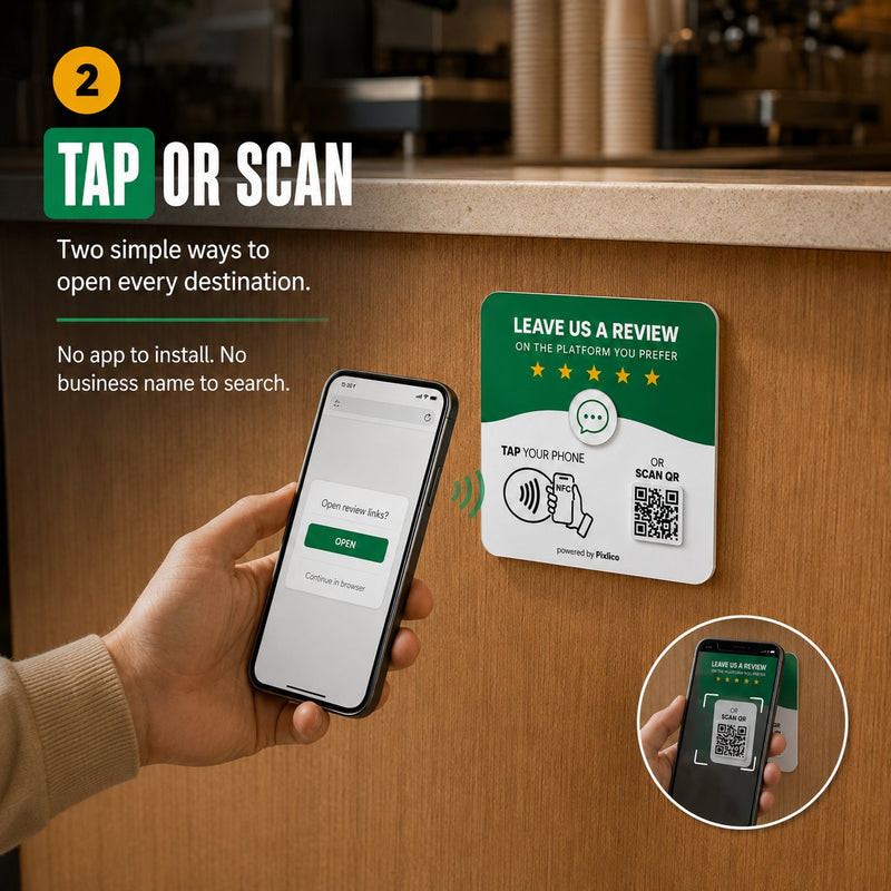 Customer holding a phone next to the plate, with the review links prompt opening, and a QR scan close-up